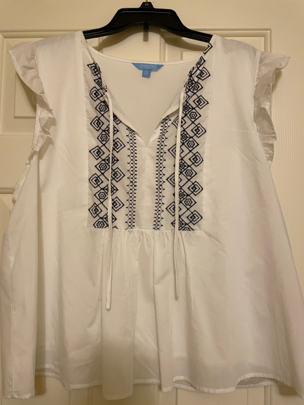 Draper James White Peasant Blouse with Navy Embroidery